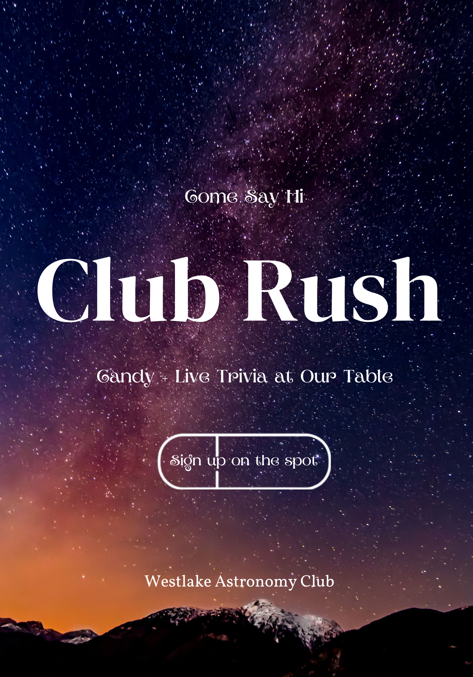 Image 1 from the Westlake Astronomy Club post “We'll Be at Club Rush — 9/25/2026”: We'll have a table at Club Rush 9/25 — come find us for candy and a round of our daily spa…